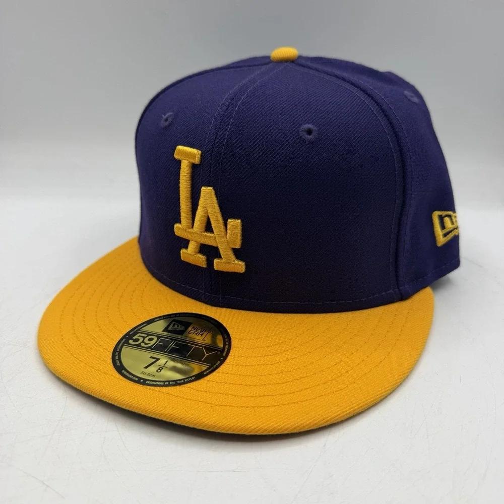 New Era 59Fifty Los Angeles Dodgers Hat Cap Sz 7 1/8 Fitted Purple Gold MLB